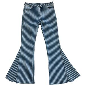 Saints and Hearts, blue and white double pinstripe bell bottom, pants, size M